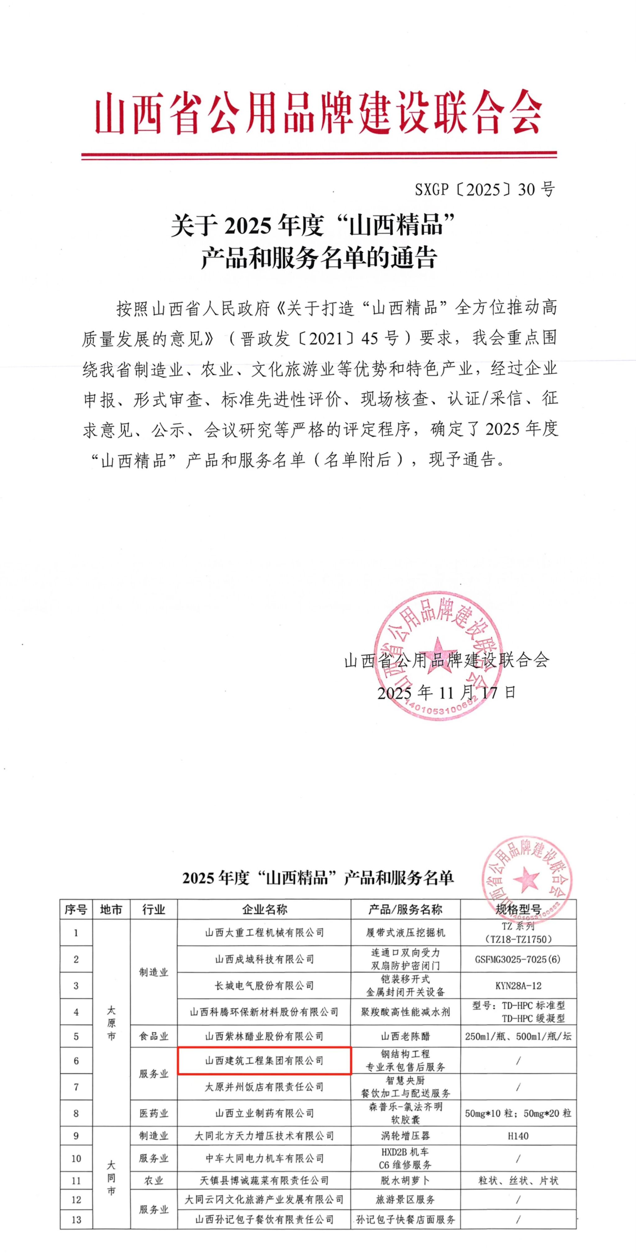 山西建投旗下公司通過“山西精品”公用品牌認證