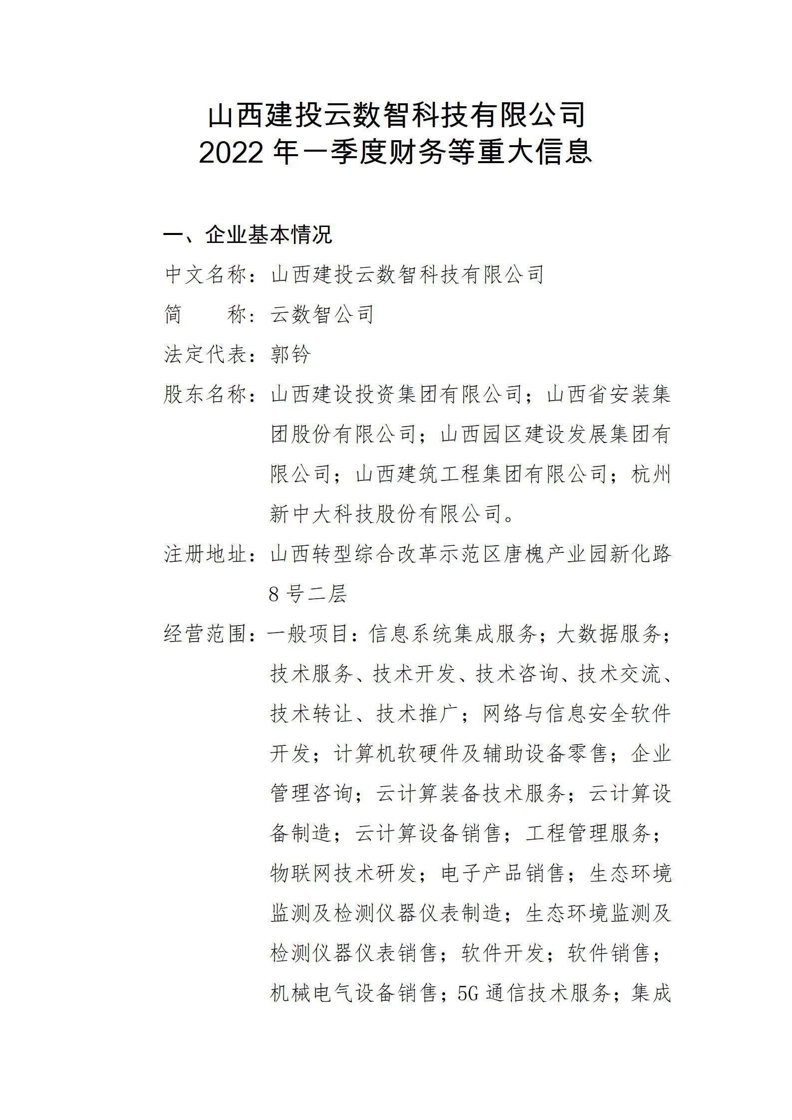 山西建投云數(shù)智科技有限公司2022年一季度財務(wù)等重大信息