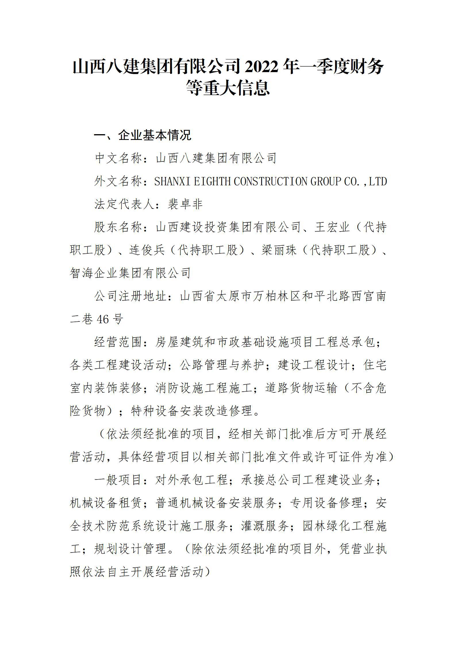 山西八建集團有限公司2022年一季度財務等重大信息