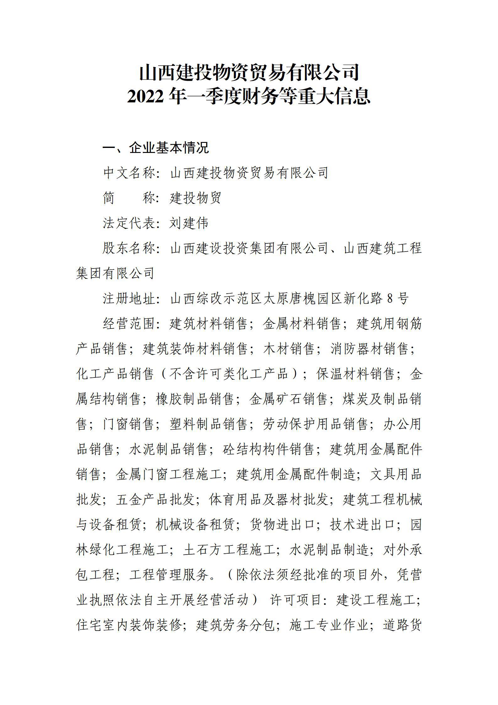 山西建投物資貿易有限公司2022年一季度財務等重大信息