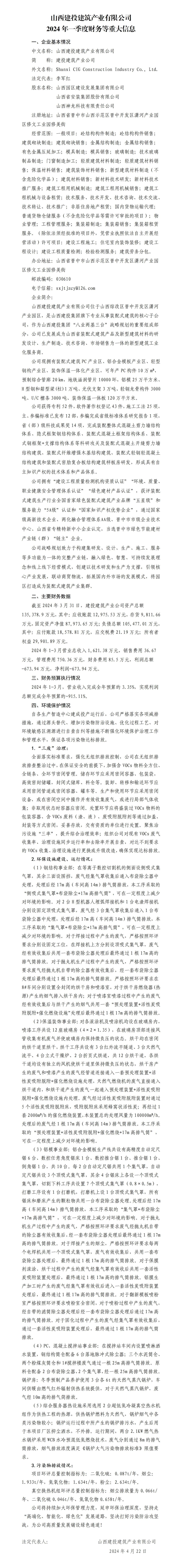 山西建投建筑產(chǎn)業(yè)有限公司2024年一季度財務(wù)等重大信息