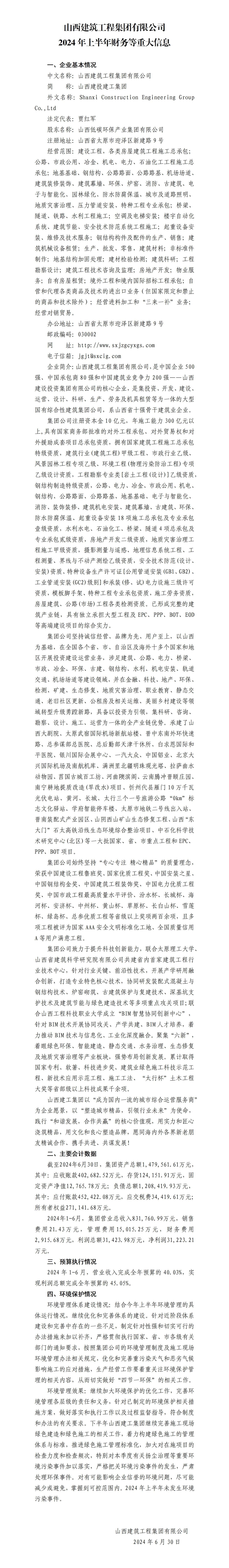 山西建筑工程集團有限公司2024年上半年財務等重大信息