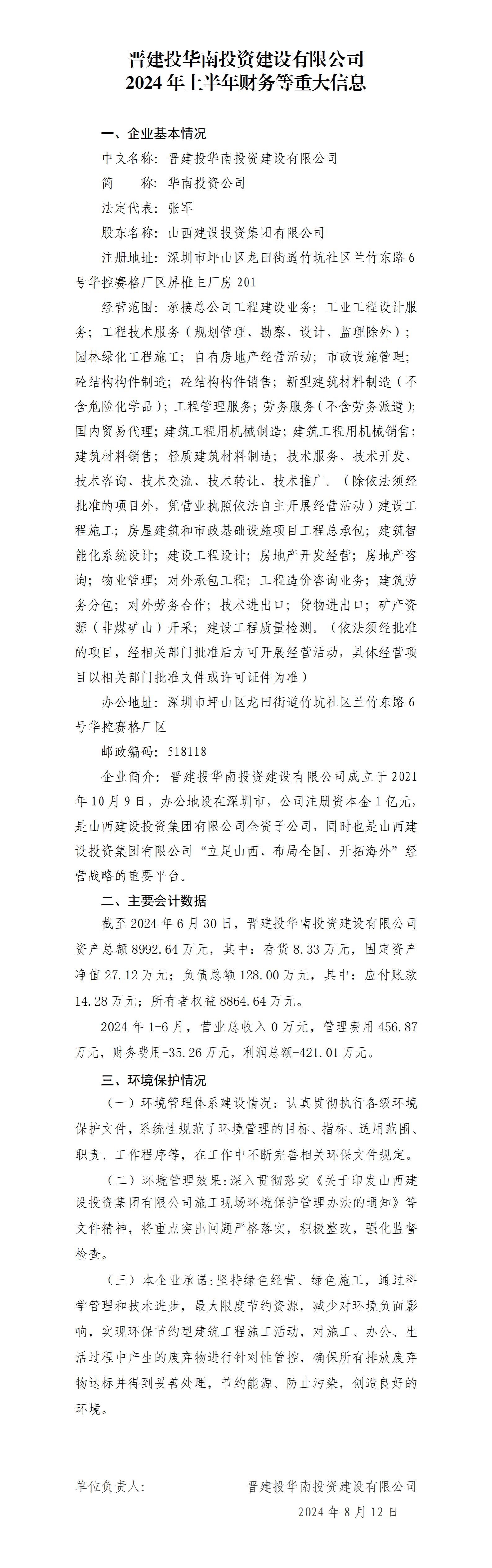 晉建投華南投資建設有限公司2024年上半年財務等重大信息