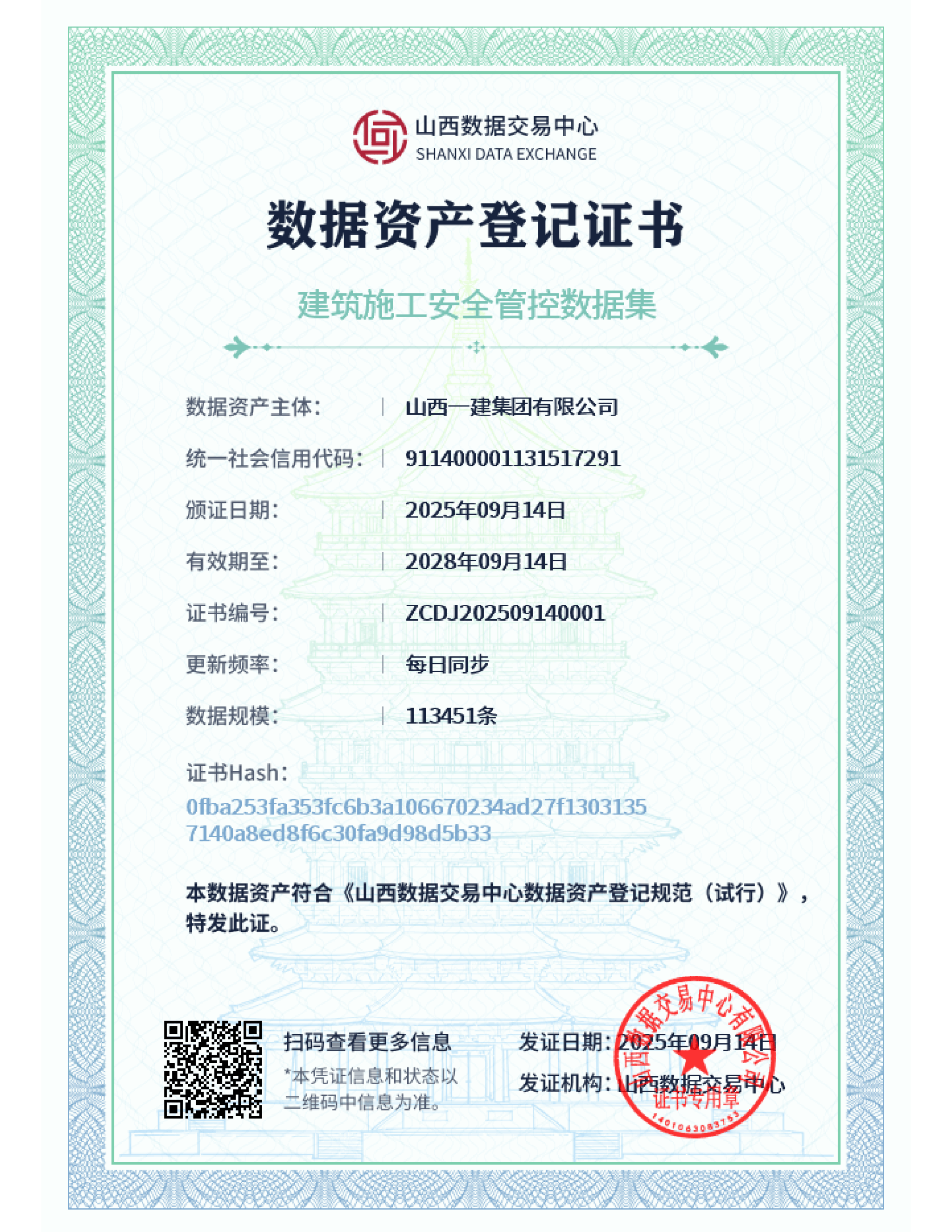 山西建投一建集團(tuán)取得“建筑施工安全管控?cái)?shù)據(jù)集”數(shù)據(jù)資產(chǎn)登記證書(shū)