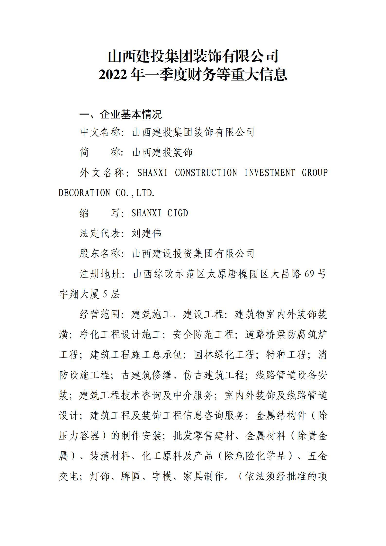 山西建投集團裝飾有限公司2022年一季度財務等重大信息
