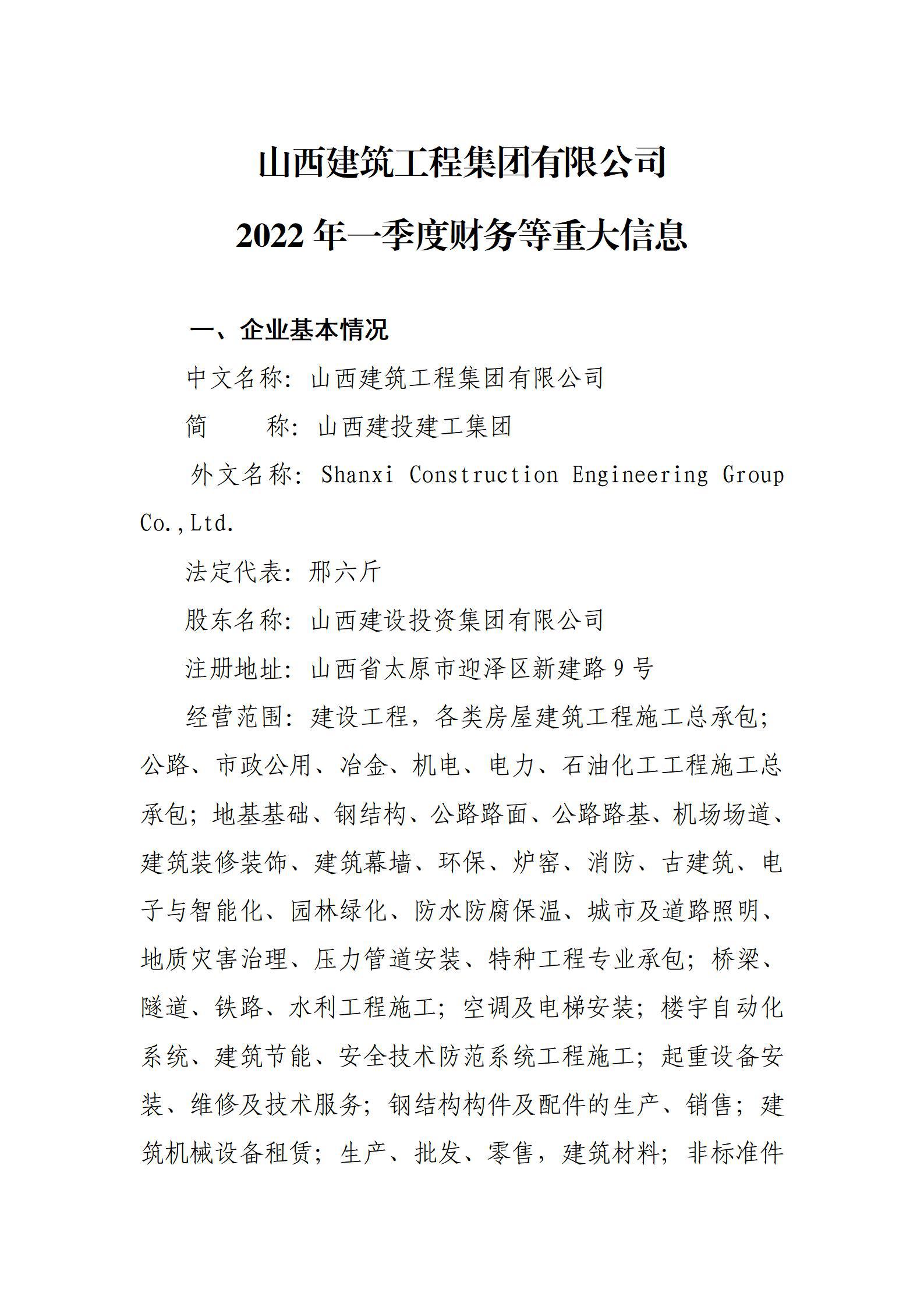 山西建筑工程集團有限公司2022年一季度財務等重大信息