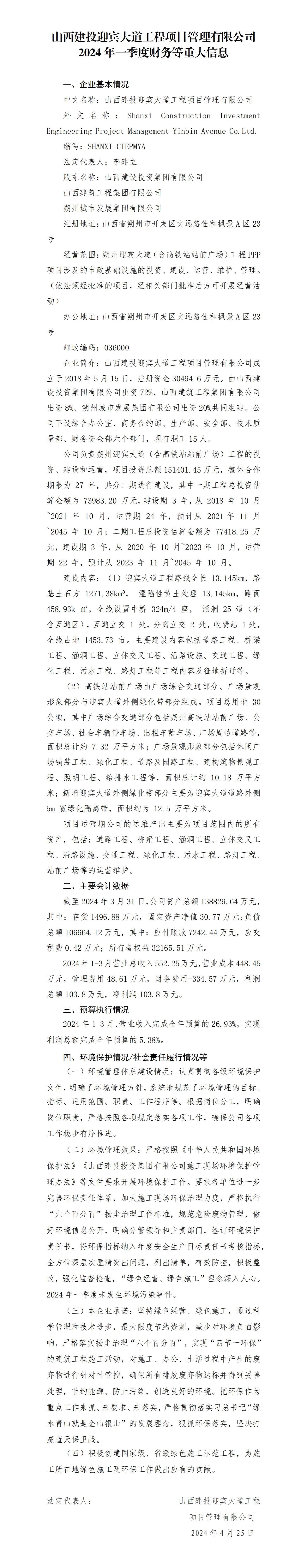 山西建投迎賓大道工程項目管理有限公司2024年一季度財務等重大信息